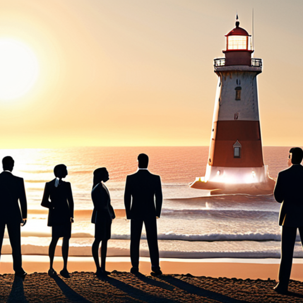 **

`A leader, standing confidently amidst a diverse team, points towards a distant lighthouse beam representing shared company values. Some people are holding a company flag. The scene evokes a sense of direction, trust, and shared purpose. Warm, inviting lighting. Style of corporate brochure illustration.`

**