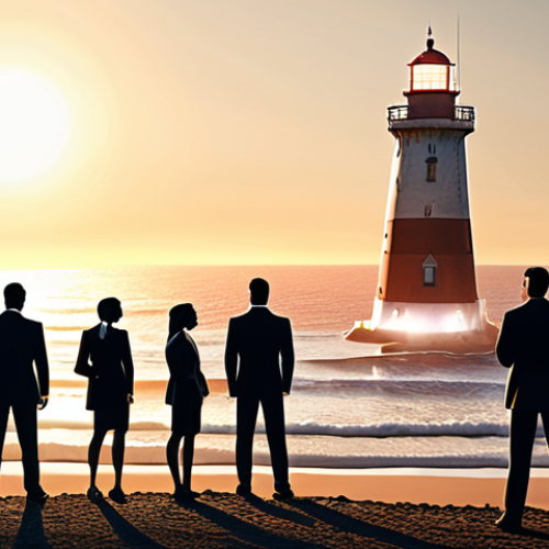 Home 11 **
`A leader, standing confidently amidst a diverse team, points towards a distant lighthouse beam representing shared company values. Some people are holding a company flag. The scene evokes a sense of direction, trust, and shared purpose. Warm, inviting lighting. Style of corporate brochure illustration.`
**