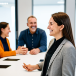 A professional, smiling female brand manager, fully clothed in a modest business casual outfit, stands in a brightly lit, modern event space. She is genuinely engaging with a diverse group of happy, fully clothed customers of various ages, who are also dressed in appropriate, family-friendly attire. They are gathered around a table with a subtle, generic product, showing positive interaction and shared enthusiasm. The background is softly blurred, focusing on the human connection. Perfect anatomy, correct proportions, natural poses, well-formed hands, proper finger count. Professional photography, high quality, safe for work, appropriate content, family-friendly.