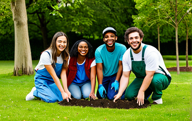 Friendly & Humorous Tone - Sustainable Brand**
"A group of diverse young adults smiling and planting trees together in a sunny park, wearing clothing made from recycled materials, showcasing a brand’s commitment to environmental protection, fully clothed, appropriate attire, safe for work, perfect anatomy, natural proportions, professional environmental photography, high quality, vibrant colors, modest clothing."
**