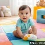 Home 20 브랜드의 소셜 미디어 존재감 측정하기 - **A toddler wearing a diaper, sitting on a colorful playmat surrounded by soft blocks. The baby is r...