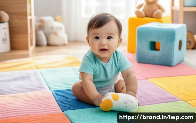 브랜드의 소셜 미디어 존재감 측정하기 - **A toddler wearing a diaper, sitting on a colorful playmat surrounded by soft blocks. The baby is r...